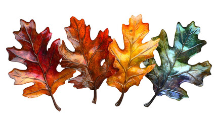 Iridescent Oak Leaves with Glossy Finish in Fall Colors isolated on a transparent background