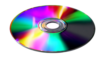 Vibrant reflective compact disc (cd) with rainbow spectrum shine, spinning gracefully — high-resolution PNG-style isolated cutout on transparent background, ideal for album art mockups