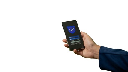 Cybersecurity and mobile login concept with smartphone showing shield icon and secure access,...