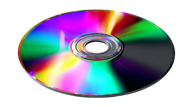 Vibrant reflective compact disc (cd) with rainbow spectrum shine, spinning gracefully — high-resolution PNG-style isolated cutout on transparent background, ideal for album art mockups