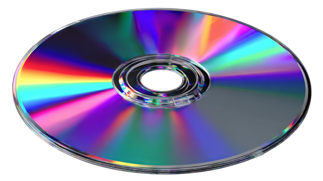Vibrant reflective compact disc (cd) with rainbow spectrum shine, spinning gracefully — high-resolution PNG-style isolated cutout on transparent background, ideal for album art mockups