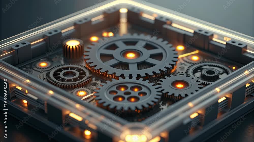 Poster ai support for remote teams and customer service with glowing mechanical gear system in futuristic m