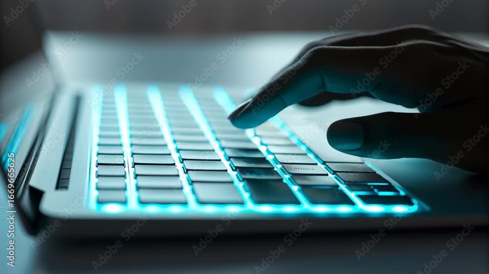 Poster ai support for remote teams enhances productivity with technology, hand typing backlit laptop keyboa