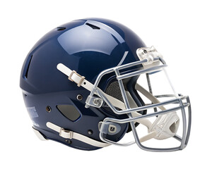 Fototapeta premium Dark Blue American Football Helmet with Silver Face Mask and White Straps sport protective gear isolated on a transparent background