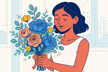 Woman holding a colorful bouquet of flowers with closed eyes, smiling peacefully in a room with light background and floral appreciation concept. Ai generative