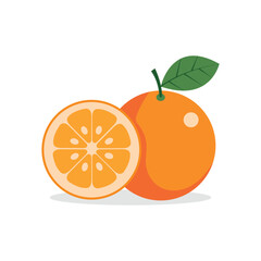 Whole orange with green leaf and orange slice showcasing fresh citrus against white background