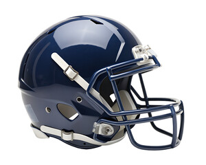 Fototapeta premium Navy Blue American Football Helmet with Silver Face Mask and White Straps sport protective gear isolated on a transparent background