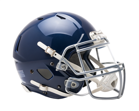 Dark Blue American Football Helmet with Silver Face Mask and White Straps sport protective gear isolated on a transparent background - Powered by Adobe