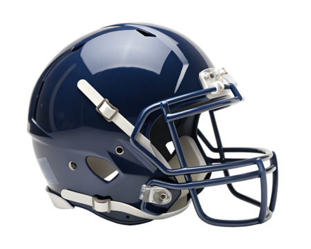 Navy Blue American Football Helmet with Silver Face Mask and White Straps sport protective gear isolated on a transparent background