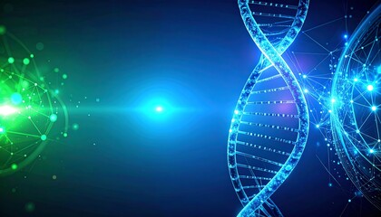 A vibrant digital representation of DNA and molecular structures, showcasing a blend of blue and green hues and a futuristic aesthetic.