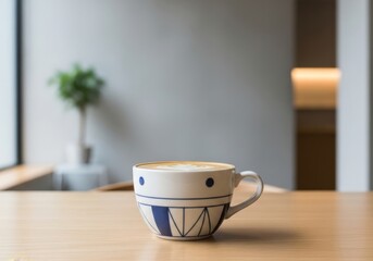 Obraz premium Flat white in ceramic cup with geometric patterns, minimal café background 