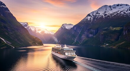 Cruise ship navigating a fjord at sunset.