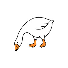 Goose illustration bending head low to the ground. Minimal line art in a feeding or pecking position