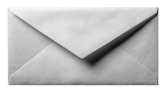 Close-up sealed plain white envelope isolated on transparent background — high-resolution PNG-style cutout for stationery mockups, invitations, greeting cards, branding, packaging, e-commerce listings