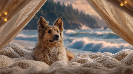 Dog relaxes on cozy blanket inside tent by beach on international day with waves and forested hills in background