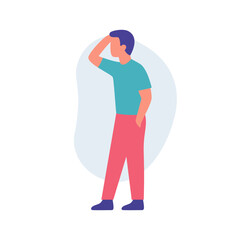 Man with one hand in pocket shading eyes to look ahead. Flat vector illustration of vision and searching for opportunities