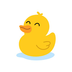Smiling yellow rubber duck cartoon vector illustration. Fun and cute bath toy design for prints, kids decor, and merchandise.