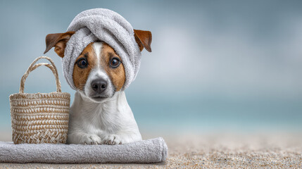 Dog with towel wrapped on its head sits on beach next to basket on calm international day with soft light and gentle colors