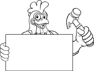A chicken or rooster handyman or carpenter cartoon construction man mascot character holding a hammer tool
