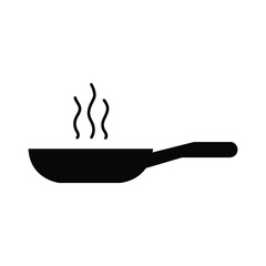 Black skillet with steam suggests cooking activity on a white background