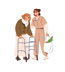 Grandmother with disability walks with walker, nurse. Social worker helps old woman, carries groceries. Caregiver cares, assists senior granny with walking. Flat isolated vector illustration on white