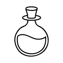 Isolated potion bottle line drawing shows liquid and stopper on white background
