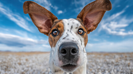 Curious dog with large ears enjoys bright international day at beach under blue sky with scattered clouds and sandy shore