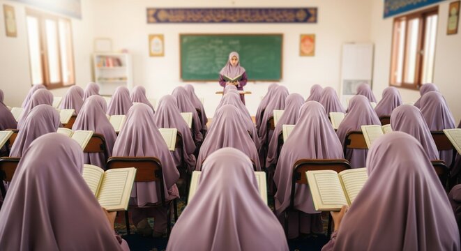 Group of muslim girls wearing hijab reading the holy quran in front of teacher