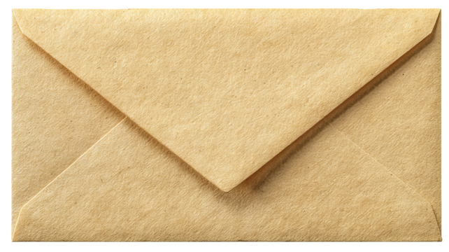 Closed beige envelope on transparent background — high-resolution PNG cutout ideal for stationery mockups, invitations and greeting cards, branding and packaging design, e-commerce listings