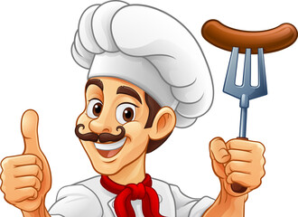 A chef cartoon barbecue cook man giving a thumbs up and holding a hotdog or grilled sausage a BBQ or cooking fork and peeking around sign or menu, mascot character illustration