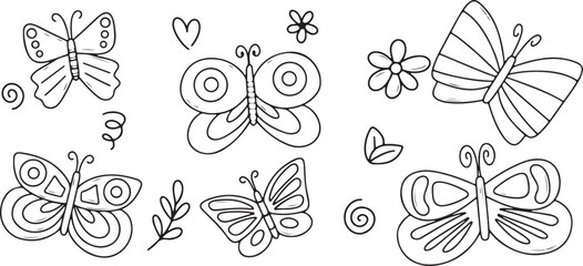 Butterfly and Flower Vector Illustrations with Hand-Drawn Style, Creative, Black and White, Whimsical, Cute, Artistic, Nature-Inspired, Elegant, Sky, Decorative, Detailed, Illustrative, Fantasy, Fligh