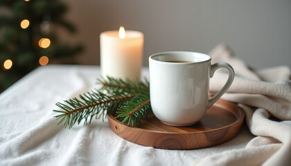 Fototapeta premium Cozy Christmas mug mockup with candle light and fir branch on wooden tray, warm festive flatlay with soft blanket, holiday design scene with copyspace for seasonal artwork