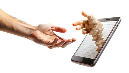 A pixelated hand extends from a smartphone screen, reaching towards a realistic human hand isolated on white Background ,PNG.AI .Generated.