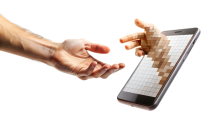 A pixelated hand extends from a smartphone screen, reaching towards a realistic human hand isolated  on  white Background ,PNG.AI .Generated.