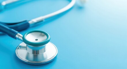 Closeup of a medical stethoscope on a blue background, symbolizing healthcare, diagnosis, and professional medical care