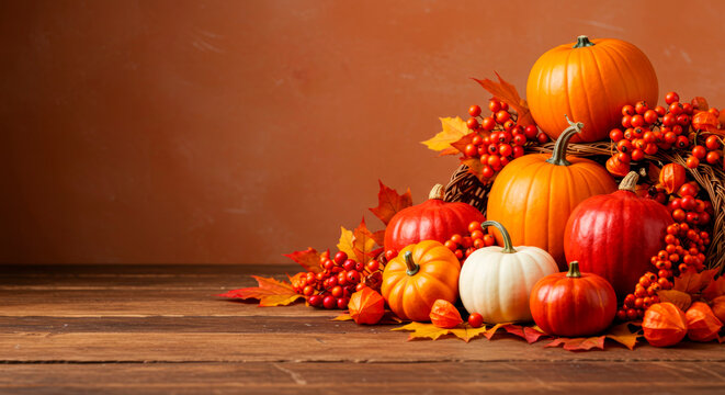 Thanksgiving template with pumpkins, autumn leaves, and berries on a rustic wooden table with warm background.