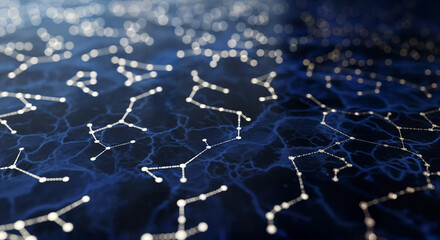 abstract background with glowing constellations and connected lines on a dark blue surface, futuristic and technological design, ideal for digital art, scientific themes, or space-related content

