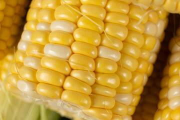 Fresh raw ripe corn cob with bright kernels macro