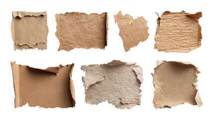 Collection of torn cardboard and paper scraps — ripped corrugated pieces with rough deckle edges, isolated on transparent background — high-resolution PNG cutout set for collage, scrapbooking