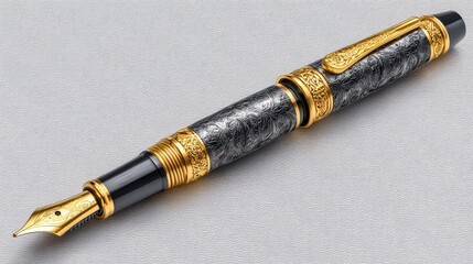 Fototapeta premium Elegant Black and Gold Fountain Pen on Silver Textured Background