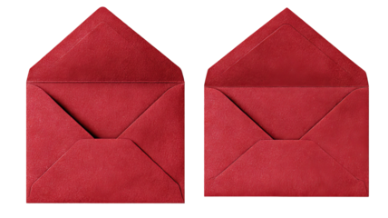 Open and closed red envelope back views — high-resolution isolated cutout, top-down overhead angle with visible flap and seams, transparent background ready for stationery mockups and invitations