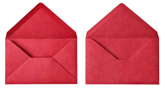 Open and closed red envelope back views — high-resolution isolated cutout, top-down overhead angle with visible flap and seams, transparent background ready for stationery mockups and invitations