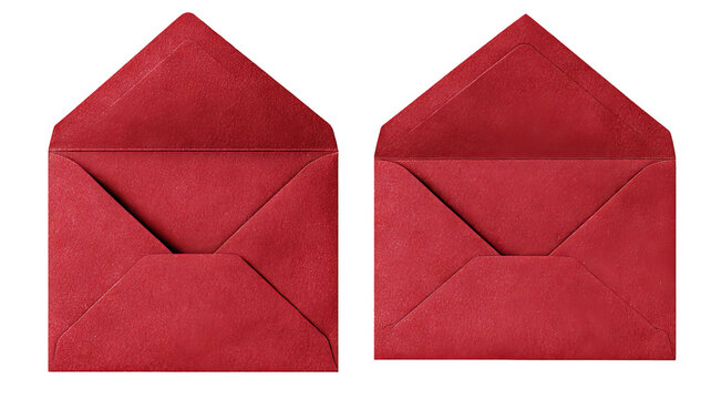 Open and closed red envelope back views — high-resolution isolated cutout, top-down overhead angle with visible flap and seams, transparent background ready for stationery mockups and invitations