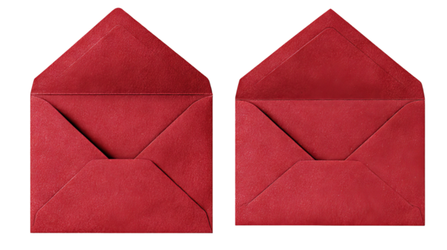 Open and closed red envelope back views — high-resolution isolated cutout, top-down overhead angle with visible flap and seams, transparent background ready for stationery mockups and invitations