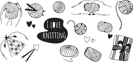 Knitting Vector Icons with Yarn and Needles, Handicraft Design, Black and White, Creative, Illustrative, Cozy, Artistic, Minimalist, Decorative, Whimsical, Crafting, Wool, Textile Arts, Creative Expre