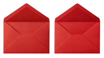 Open and closed red envelope back views — high-resolution isolated cutout, top-down overhead angle with visible flap and seams, transparent background ready for stationery mockups and invitations