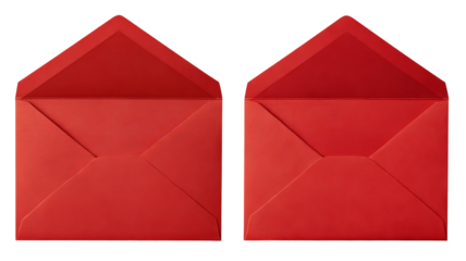 Open and closed red envelope back views — high-resolution isolated cutout, top-down overhead angle with visible flap and seams, transparent background ready for stationery mockups and invitations