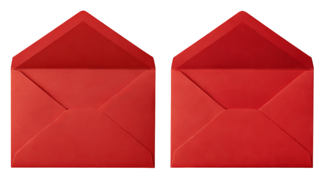 Open and closed red envelope back views — high-resolution isolated cutout, top-down overhead angle with visible flap and seams, transparent background ready for stationery mockups and invitations