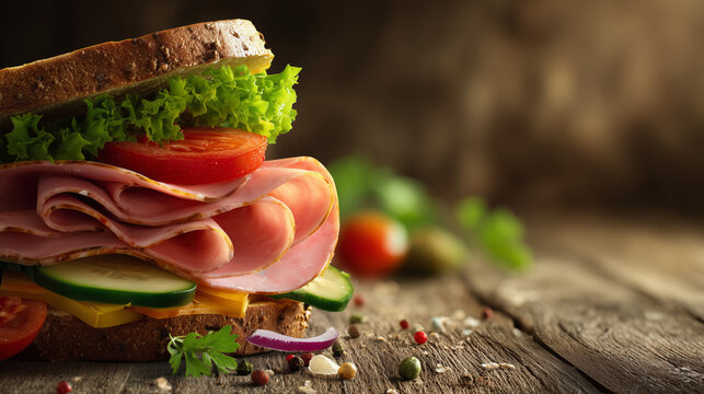 National Bologna Day, close-up of sliced bologna sandwich with fresh vegetables on rustic wooden table