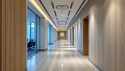 a minimalist office corridor with gentle overhead lights and strategic floor spots, enhancing neutral tones and textures while making subtle color accents appear sharper and more defined.